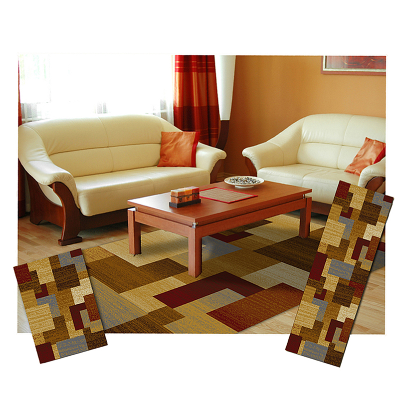 Contemporary Geometric Squares 3 Piece Area Rug Modern Combo Runner Mat