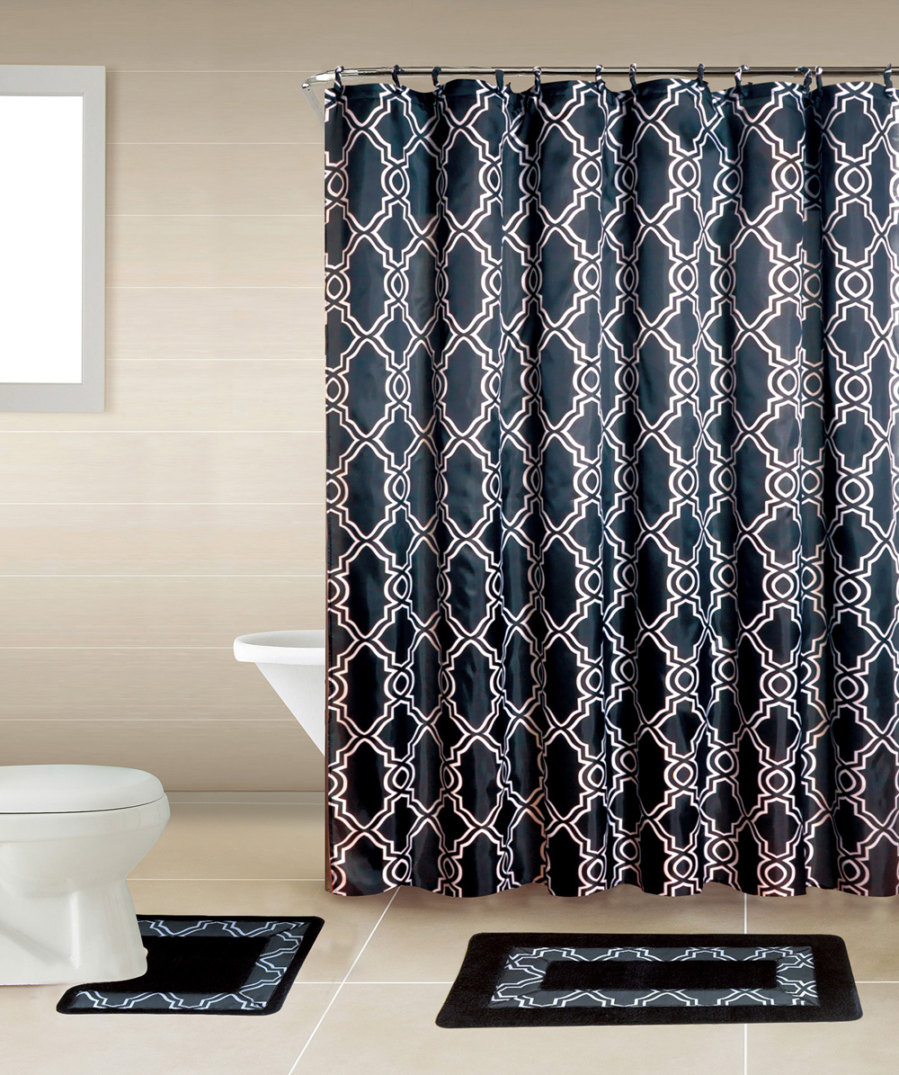 Geometric Trellis Black Multi 15 Pcs Shower Curtain with Hooks Bathroom