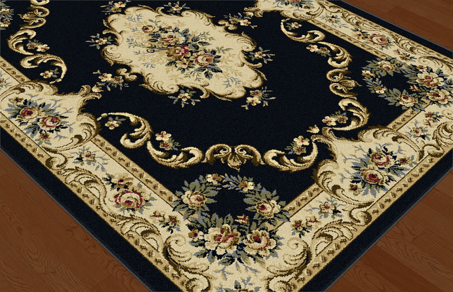 Black Traditional Oriental Border Floral Area Rug Roses Medallion