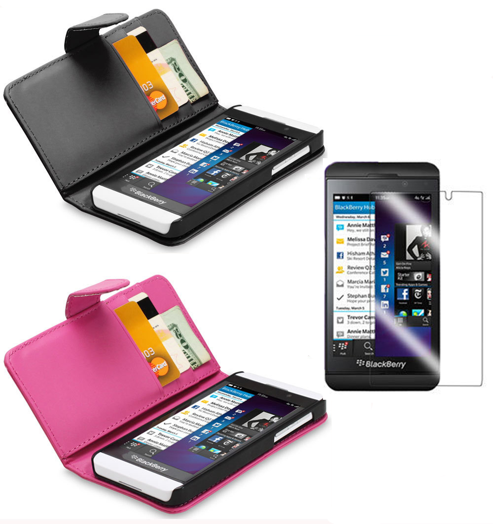 Luxury Flip PU Leather Wallet Cover Case for BlackBerry Z10 + Screen