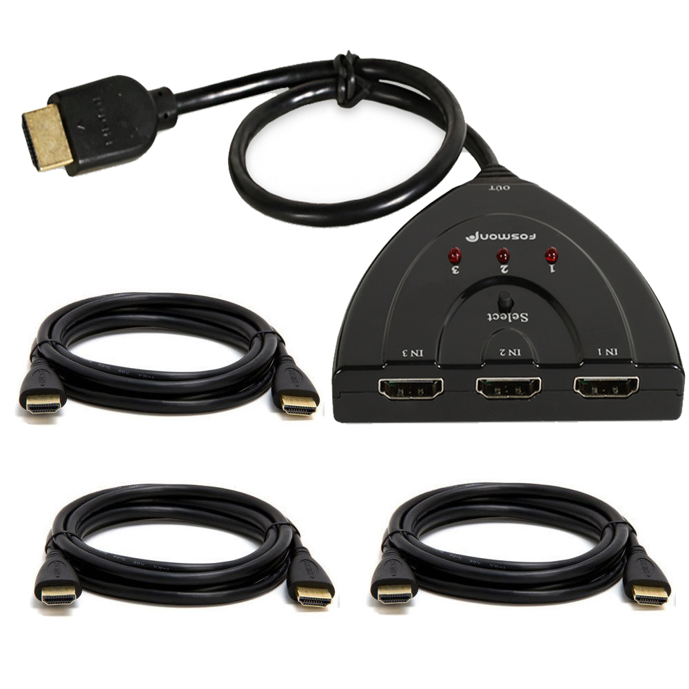 Fosmon 3 Port HDMI Auto Switch Hub + 3x 6FT HDMI Cable for PS4 Xbox Wii