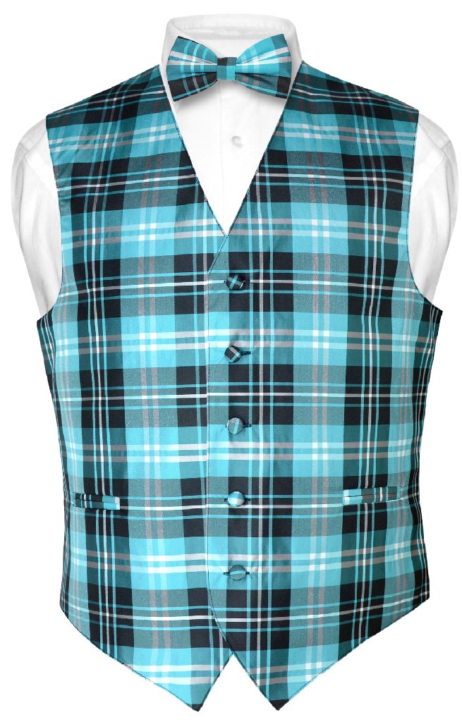 Men's Plaid Design Dress Vest BOWTie Black Gray White BOW Tie Set for