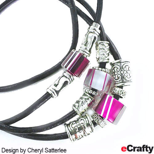 eCrafty.com's 369L Leather wrap bracelet, strung with our Fire Designs glass sliders, and our large holed bali bead mix. Design by Cheryl Satterlee