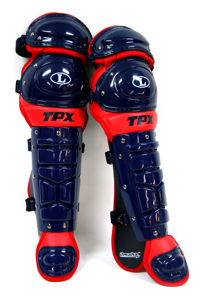 Louisville Slugger Omaha Catchers Shin Guards Youth Navy & Scarlet Red