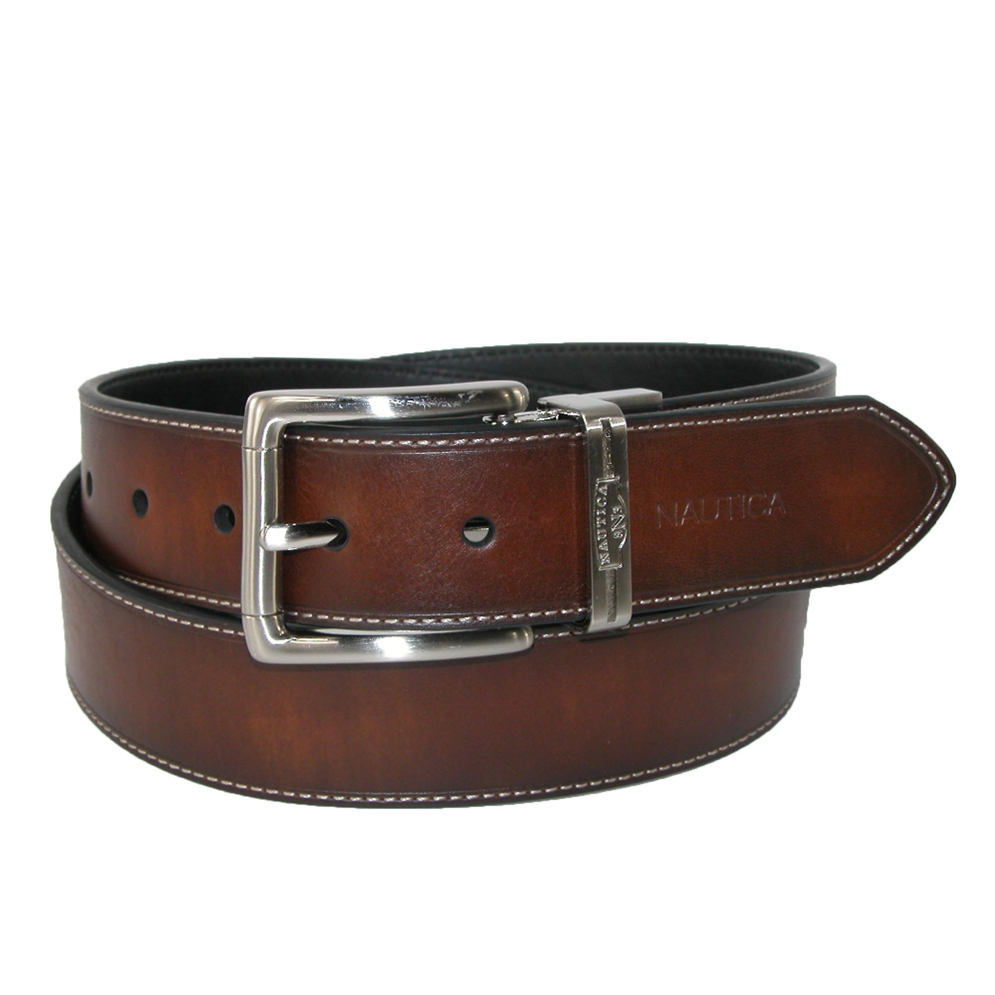 Nautica Men's Leather Reversible Belt with Heat Crease and Contrast Stitch