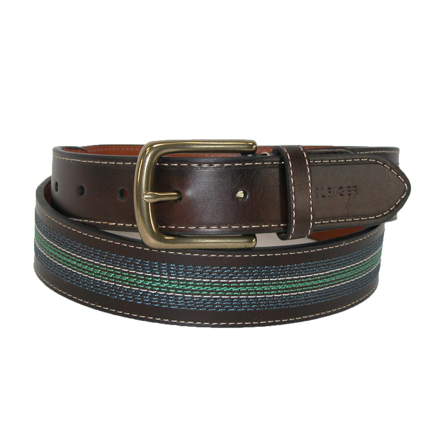 Tommy Hilfiger Men's Leather Contrast Stitch Stripe Inlay Belt