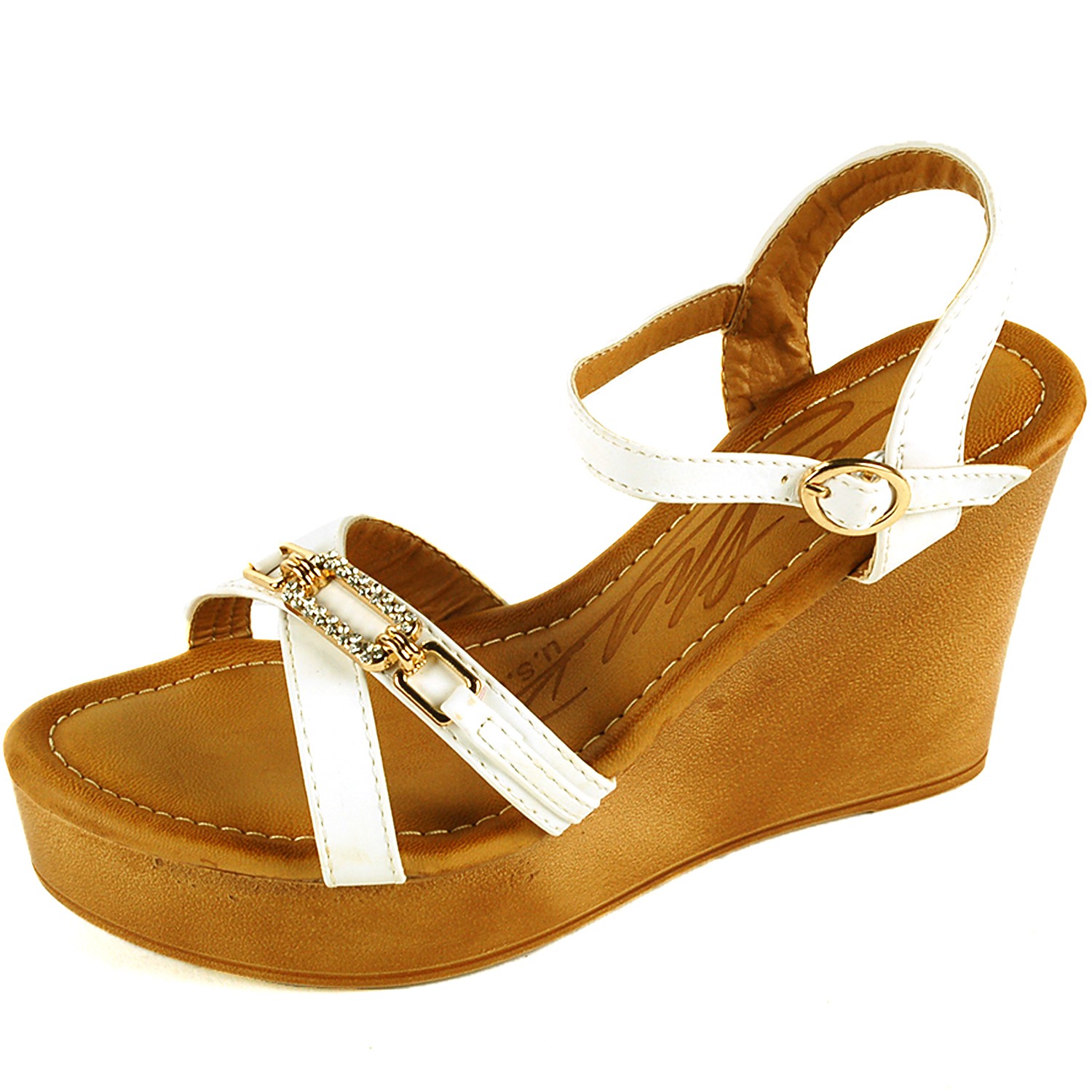 Womens Wedge Heels 4" Platform Shoe Gold Rhinestone Open Toe Ankle