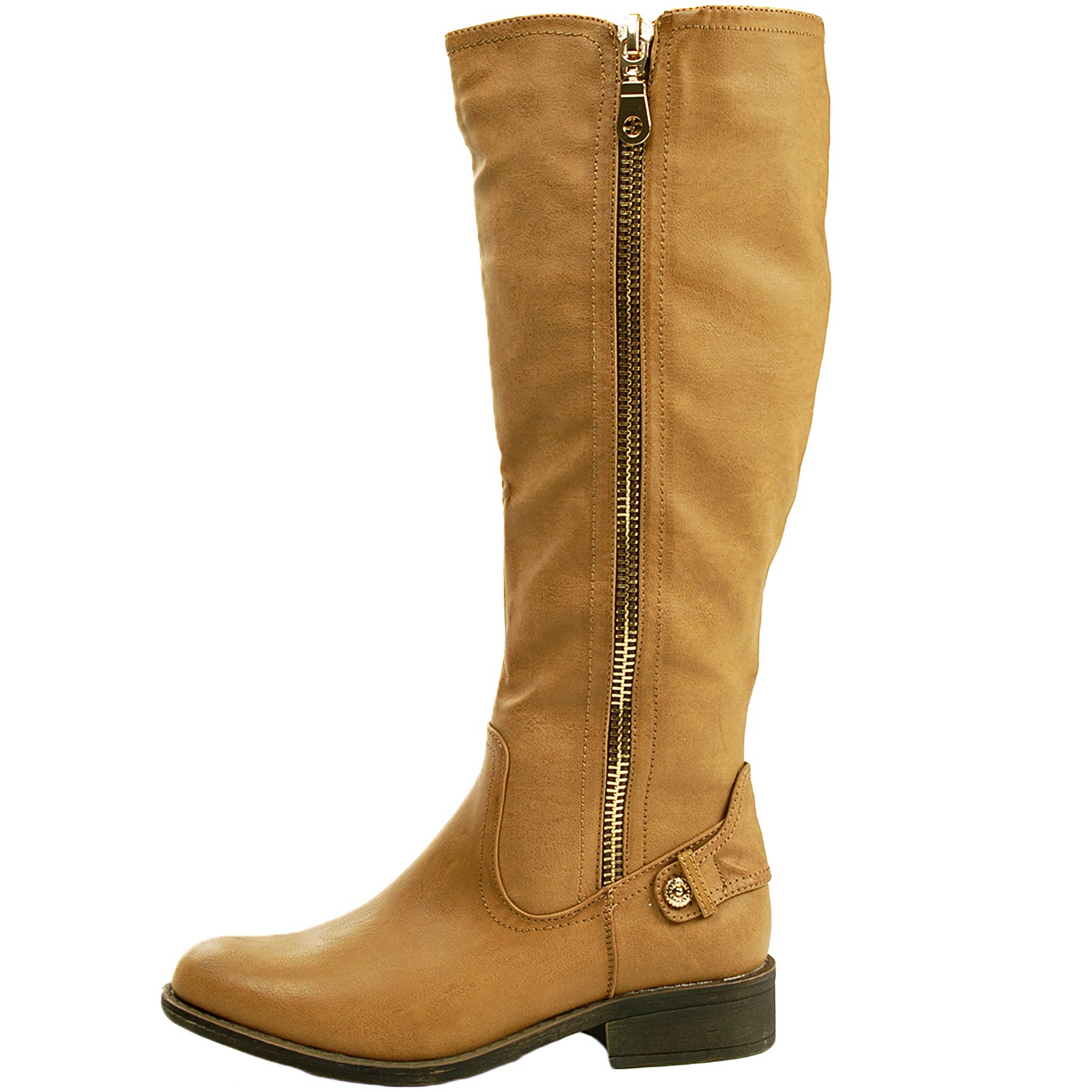 Womens Boots Flat Heel Faux Leather Tall Zippered Mid Calf Stretch