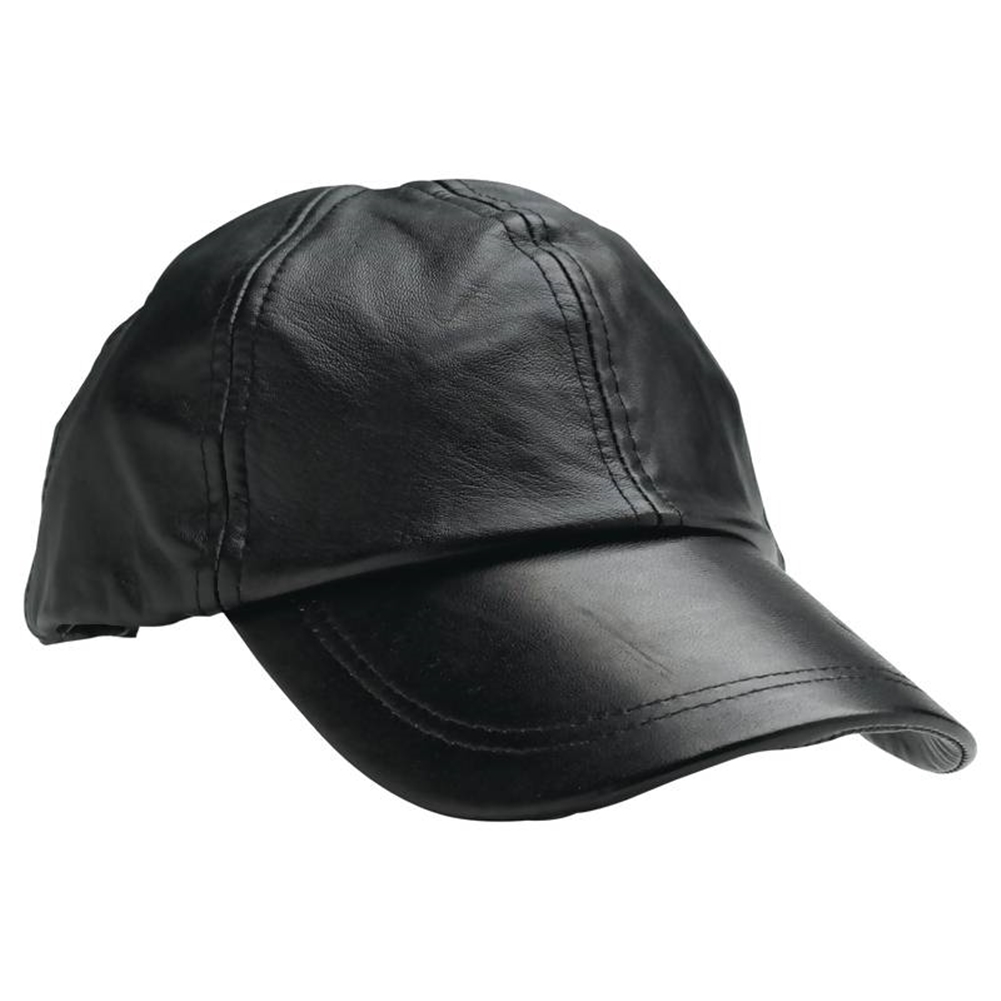 Mens Baseball Cap Genuine Leather Adjustable Size Solid Black Sport Hat