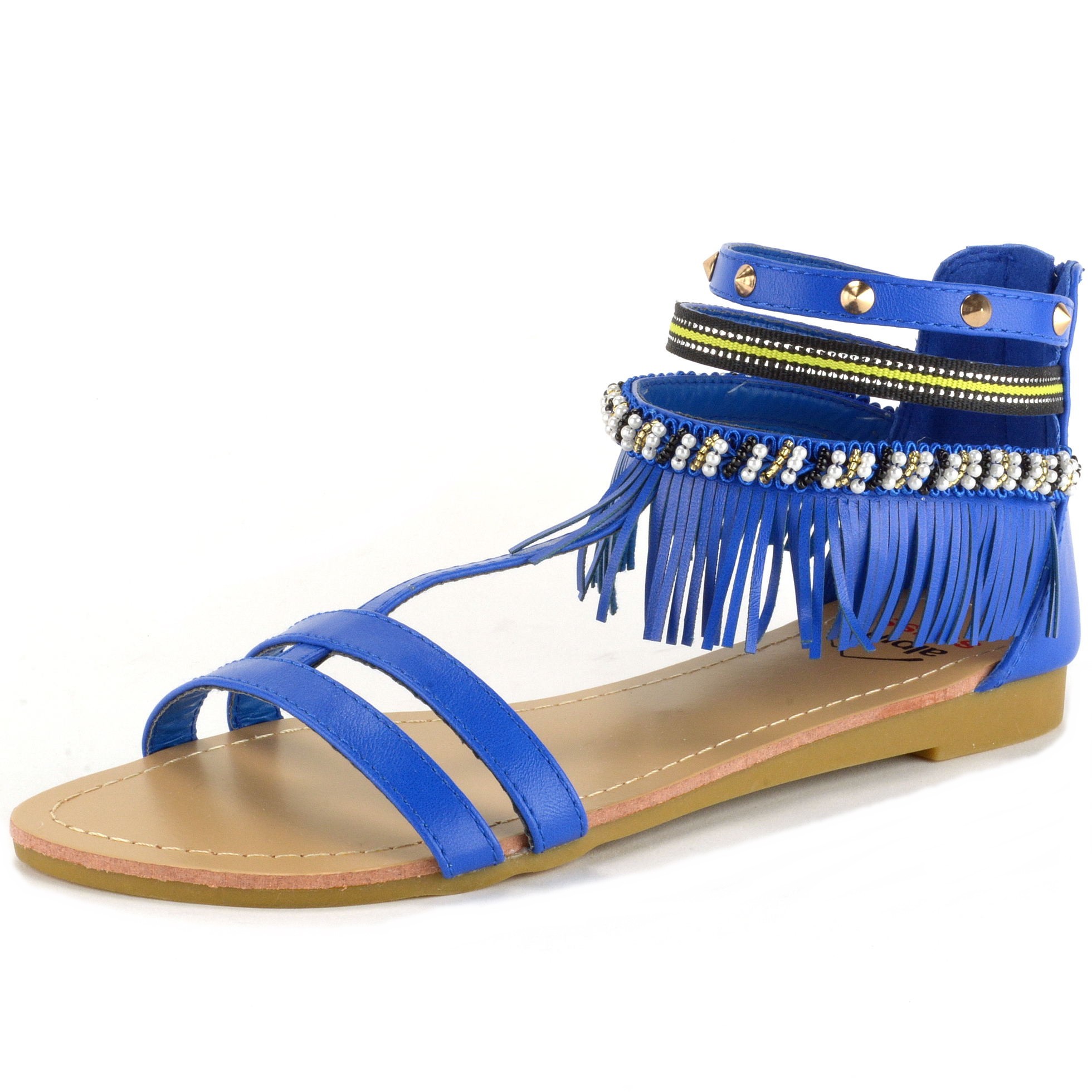 Alpine Swiss Womens Fringe Sandals Beaded & Studded Strappy Gladiator
