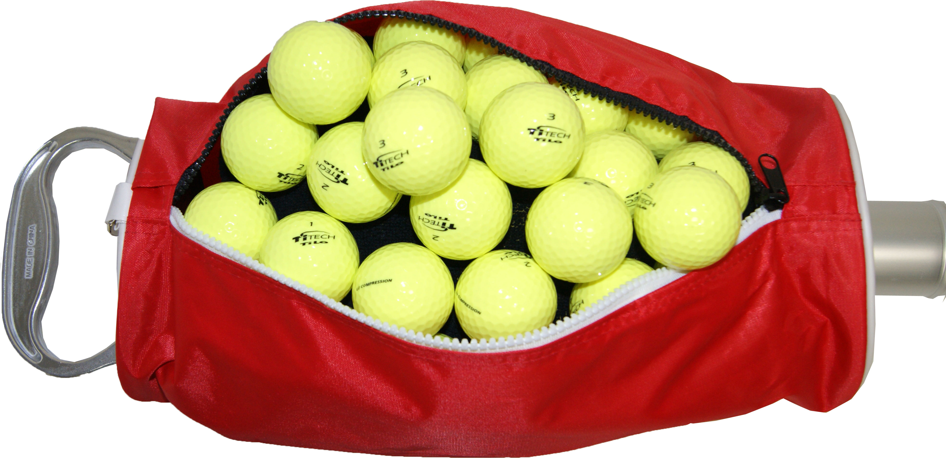 Intech Golf Ball Red Shag Bag includes 30 New Titech Golf Balls