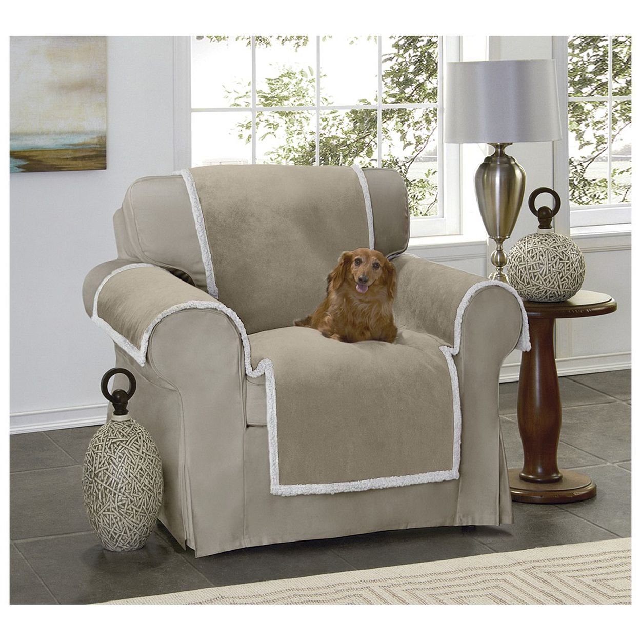 Reversable Sherpa Faux Suede Taupe Chair Throw Cover Pet Protector 32