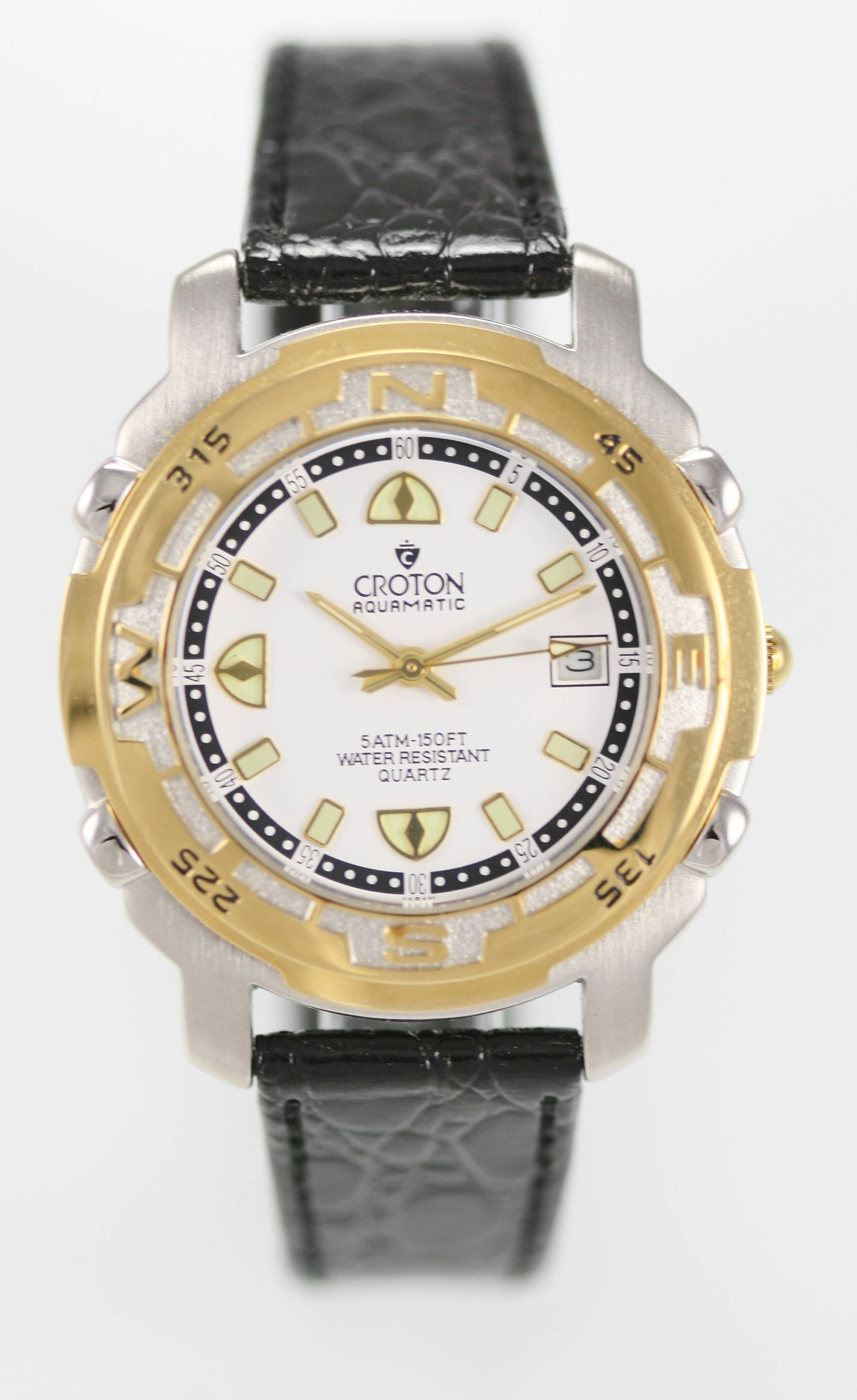Croton Aquamatic MEN'S Stainless Gold Silver Black Leather Date Quartz