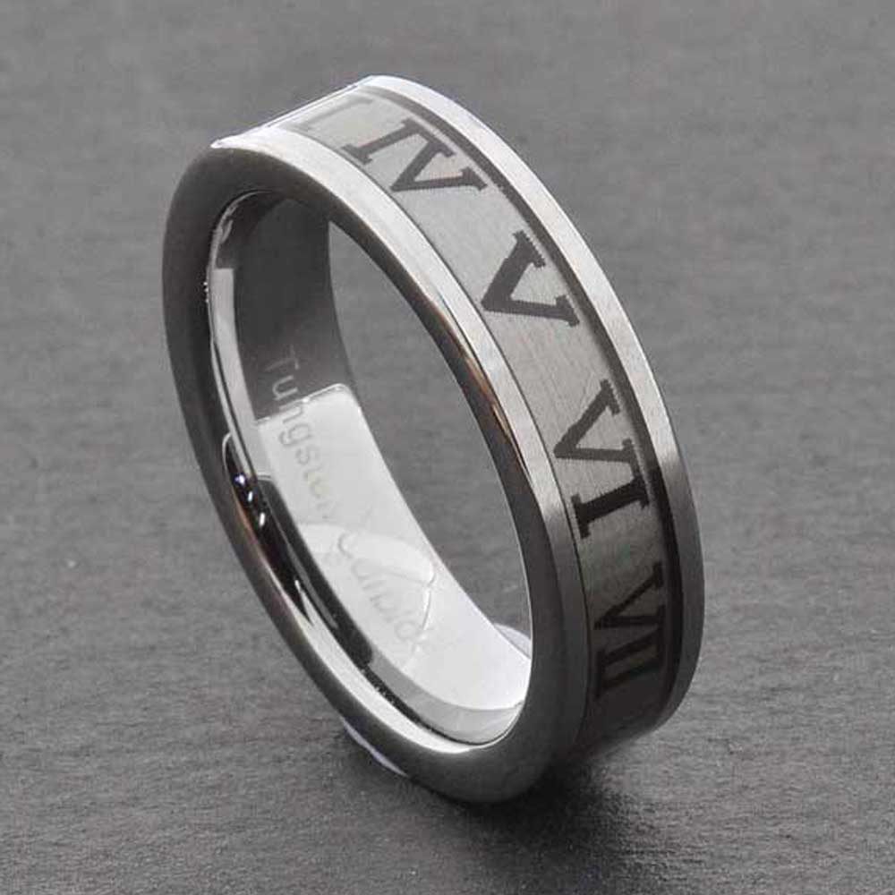 6mm Roman Numerals Etched Tungsten Ring Men's Wedding Band ...