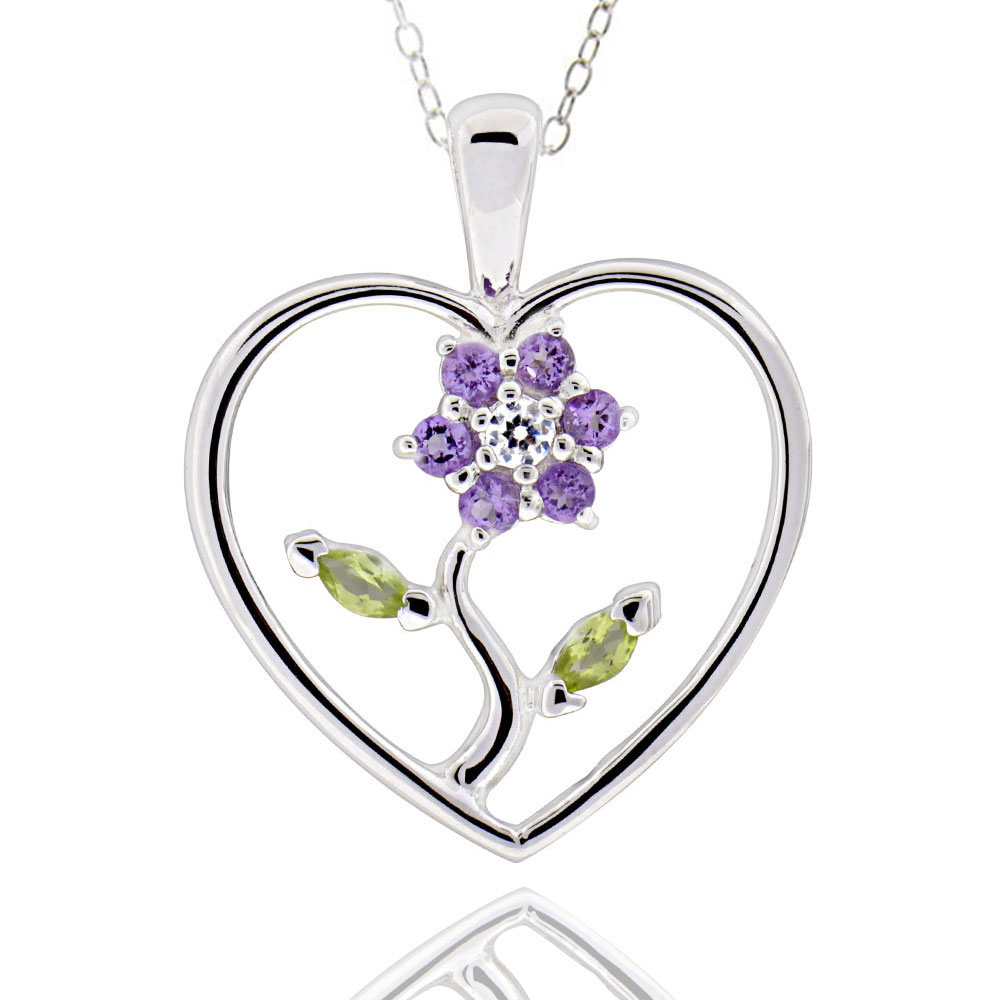 925 Sterling Silver Amethyst Marquise Peridot heart Pendant Necklace 18