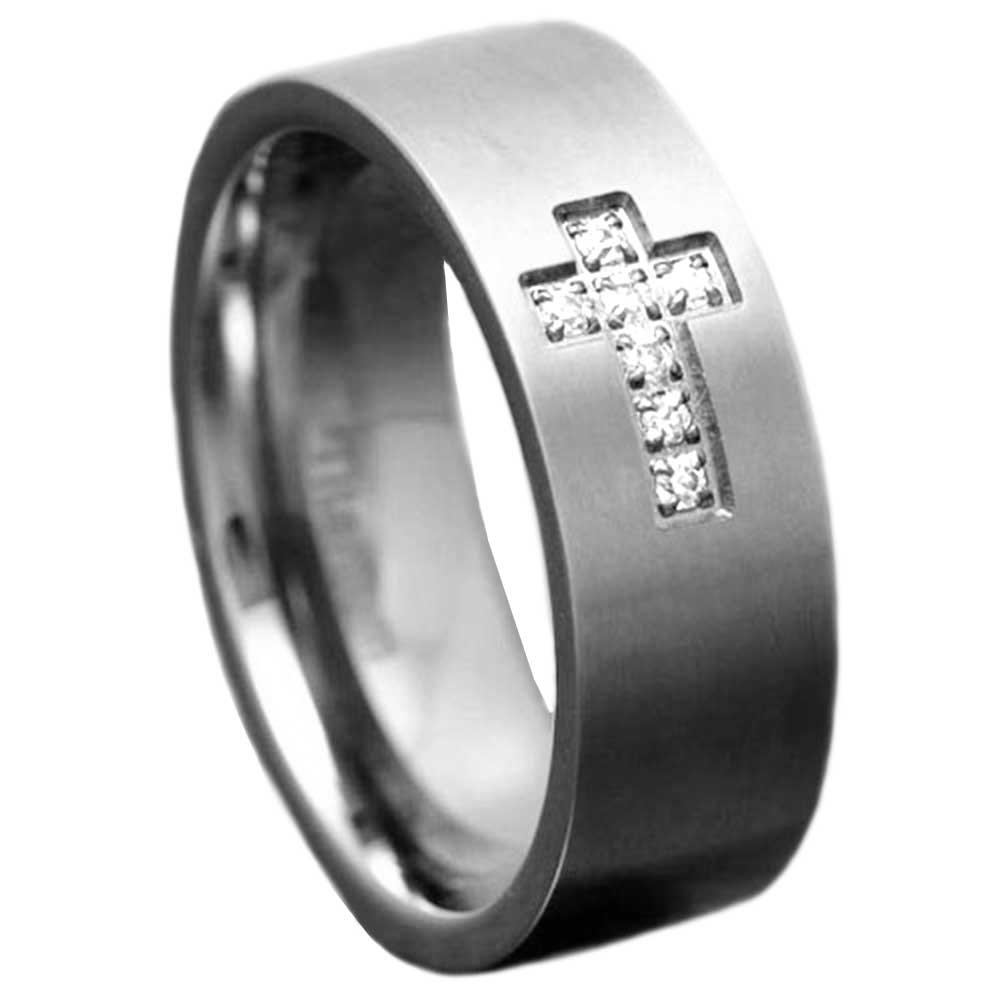 8mm Titanium Satin Top Cubic Zirconia Christian Cross Men's Wedding Band eBay