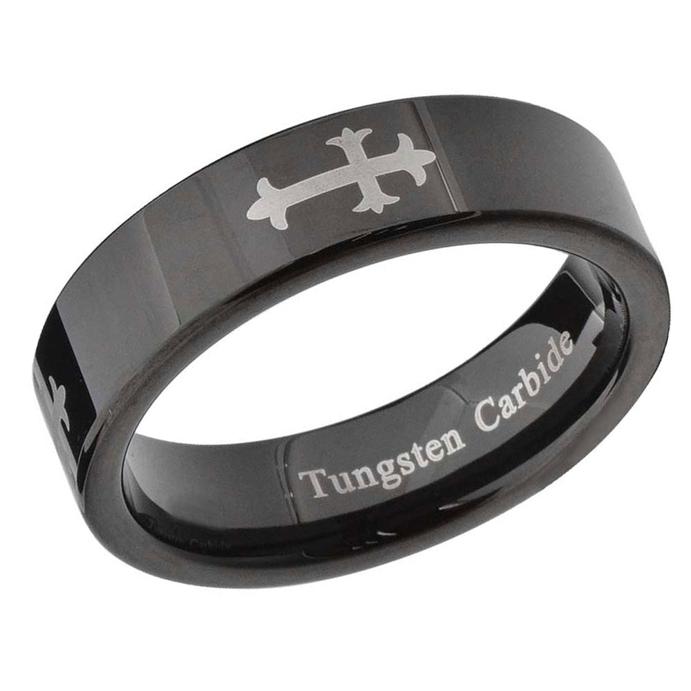 6mm Tungsten Black Mirror Top Christian Cross Etch Women's Jewelry