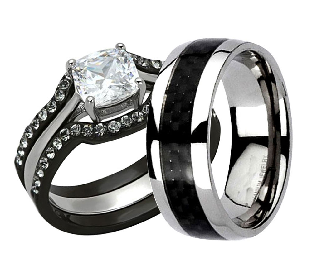 His Hers 4 Pc Black Stainless Steel Titanium Wedding Engagement Ring