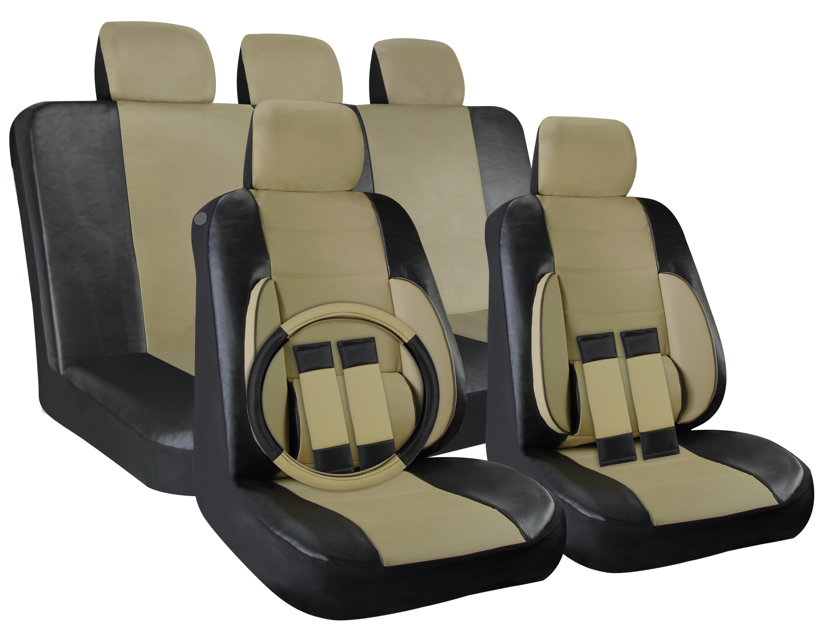 Faux Leather Car Seat Covers Black / Beige Tan 17pc Full Set w/Steering