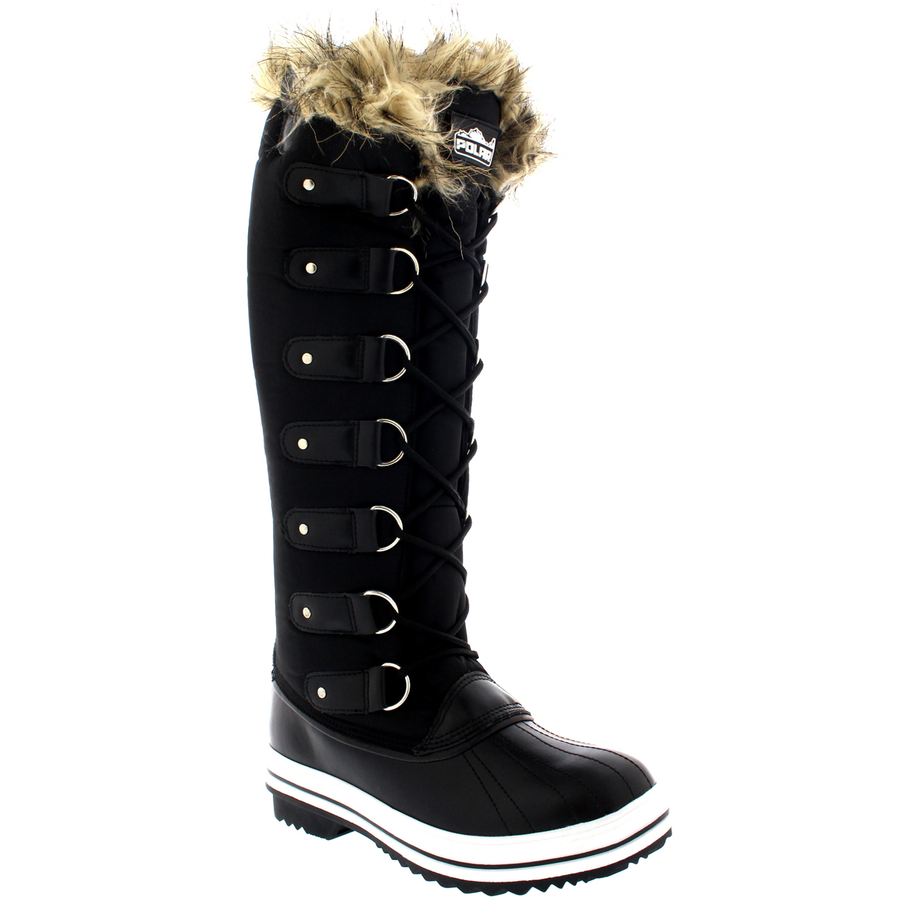 Womens Fur Cuff Lace Up Rubber Sole Knee High Winter Snow Rain Shoe