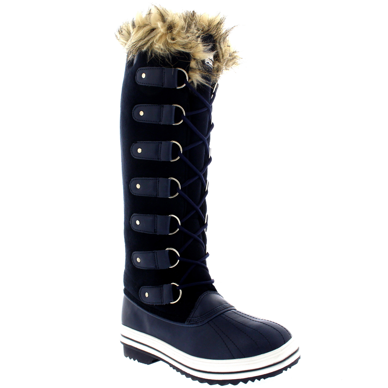 Womens Fur Cuff Lace Up Rubber Sole Knee High Winter Snow Rain Shoe
