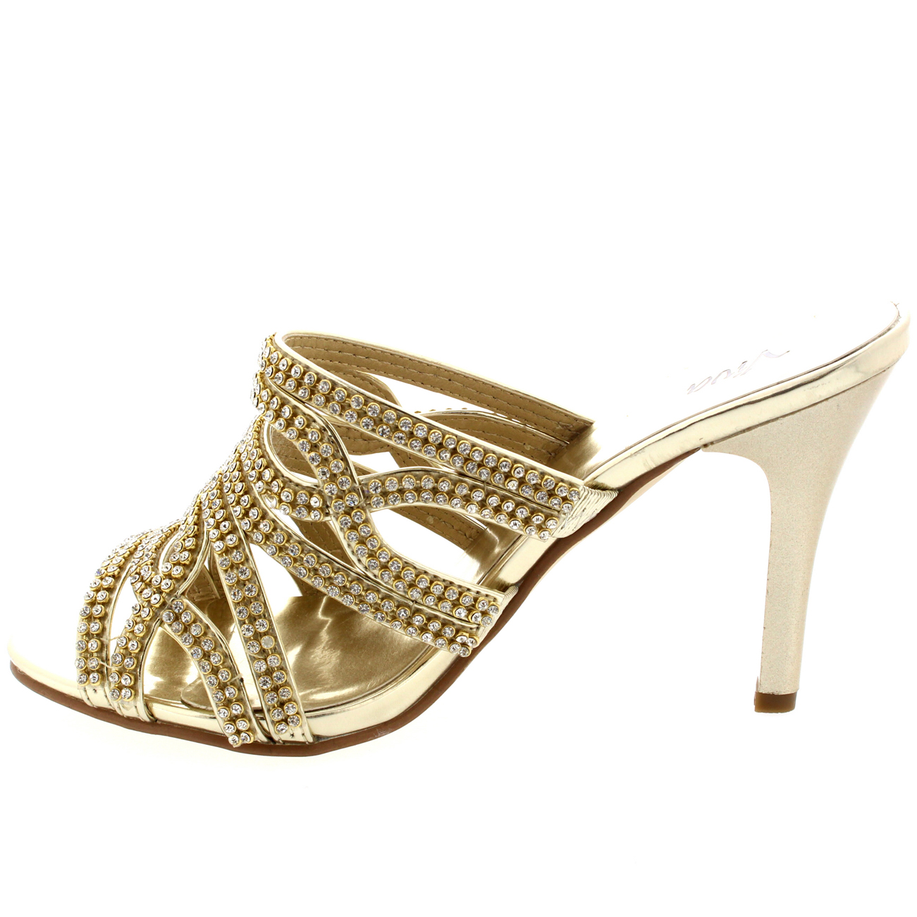 Ladies Metallic Prom Wedding Diamond Mules Bridesmaid Evening Mid Heel