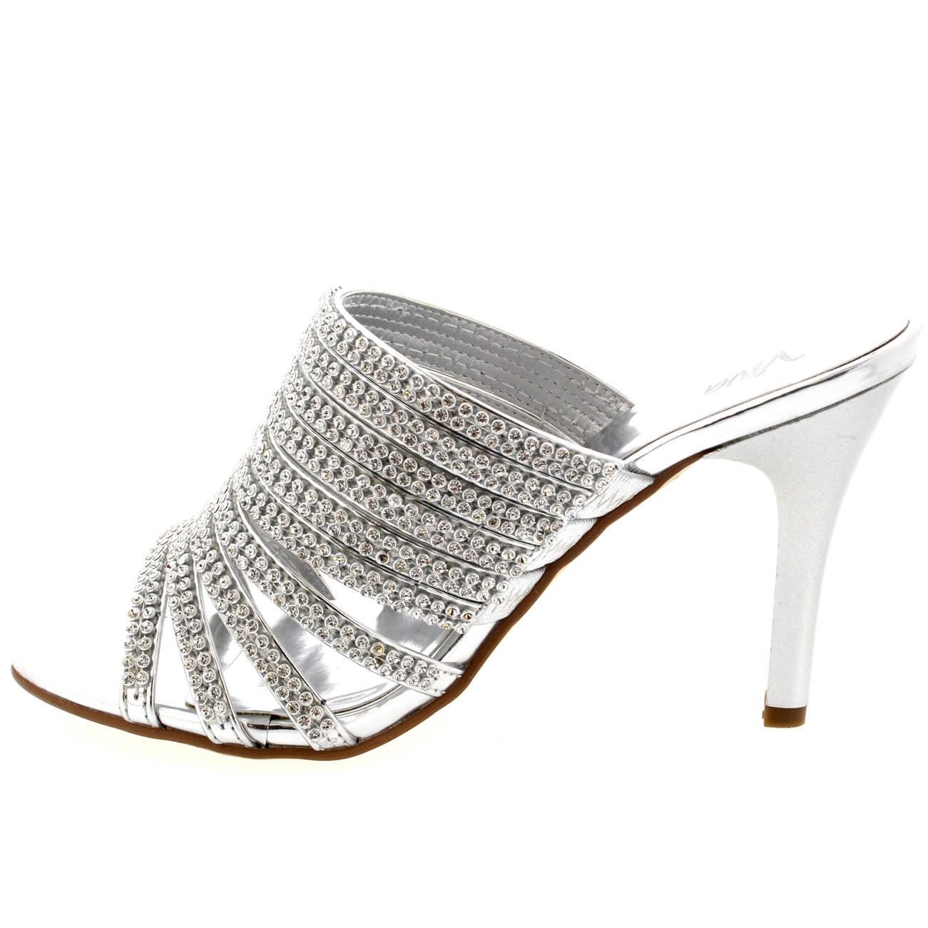 Ladies Evening Diamante Bride Mules Sandal Prom Open Toe Low Mid Heels