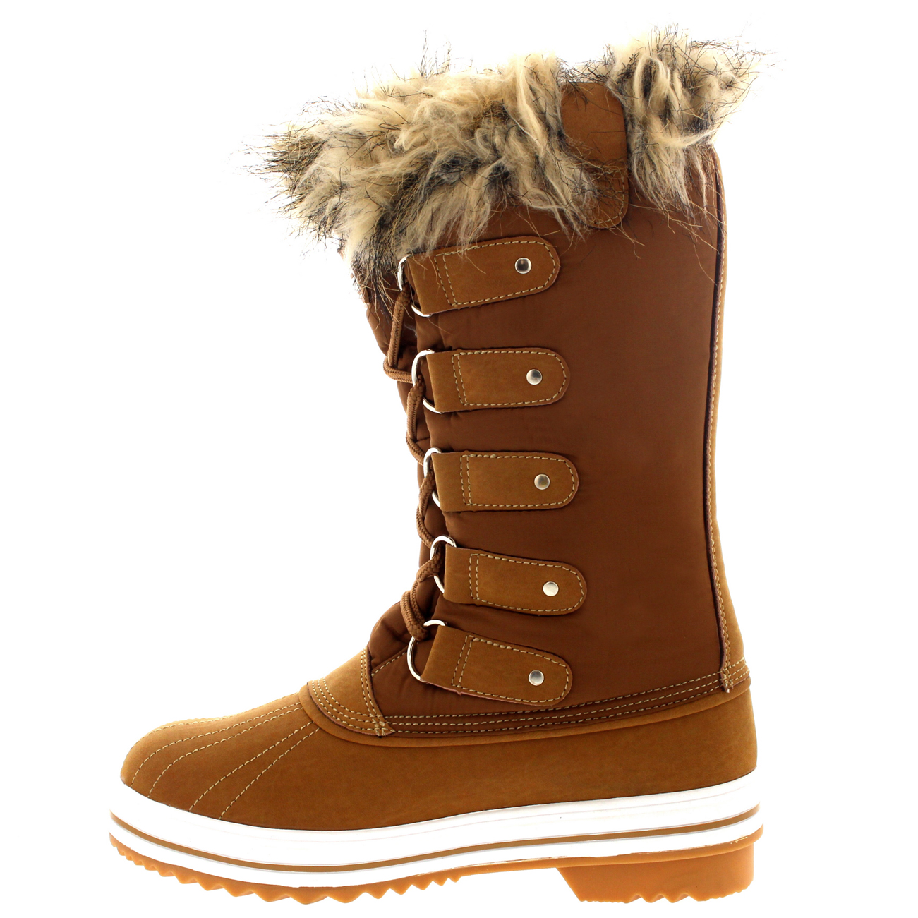 Ladies Tall Fur Cuff Lace Up Shoes Rubber Snow Sole Winter Rain Boots