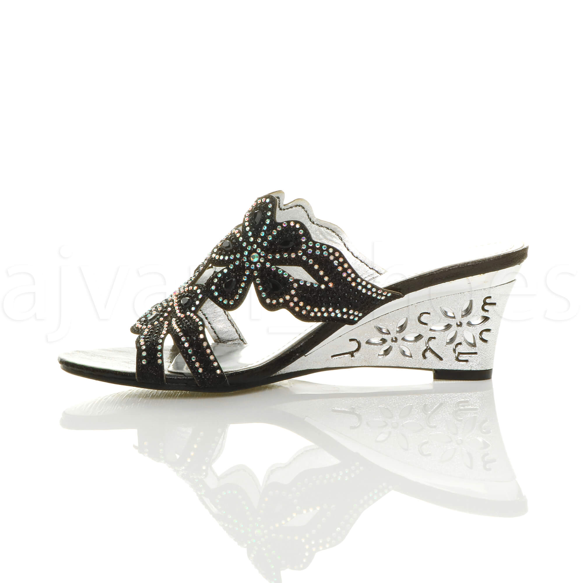 WOMENS LADIES MID HEEL CUT OUT WEDGE FLOWER DIAMANTE MULES SANDALS SLIPPERS SIZE | eBay