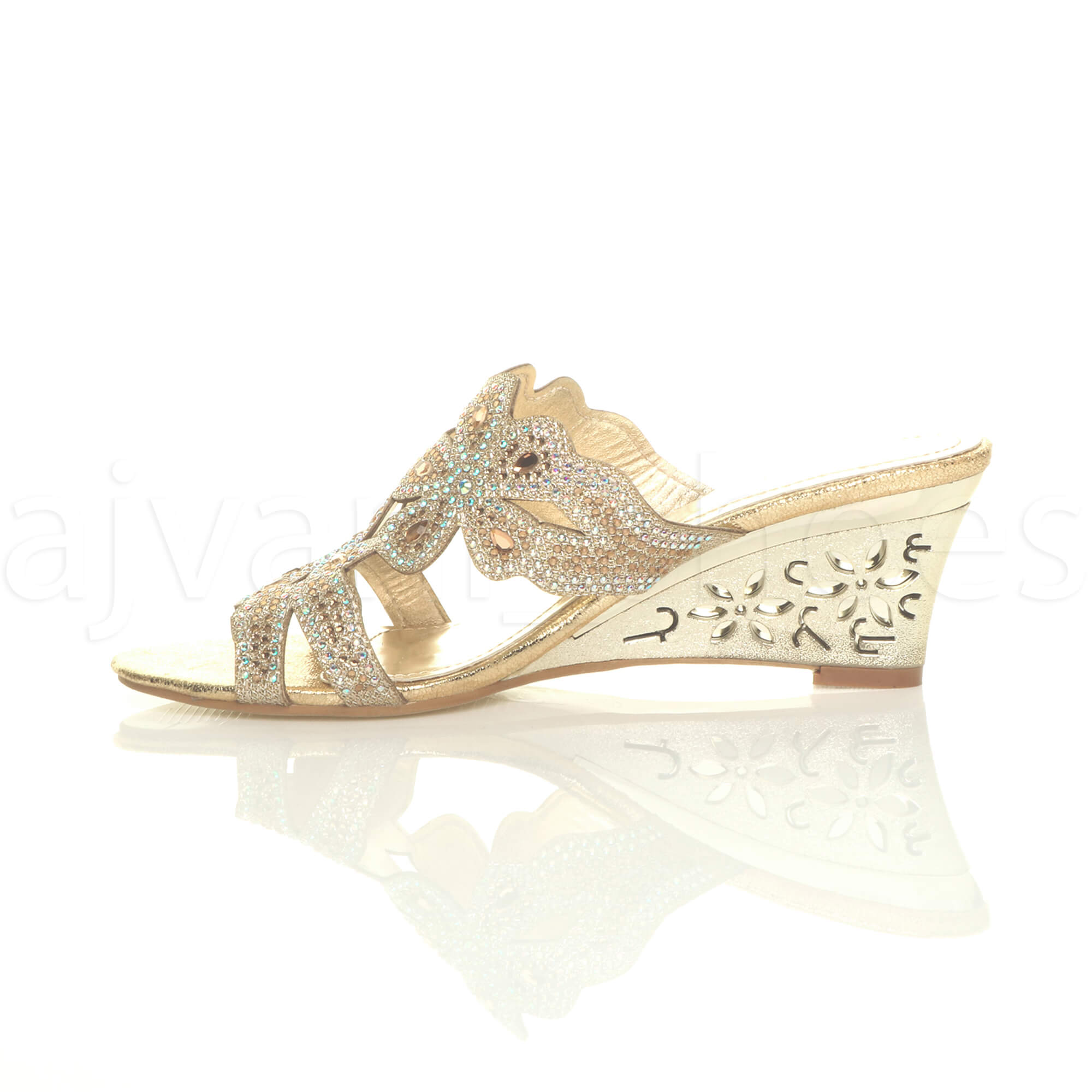 WOMENS LADIES MID HEEL CUT OUT WEDGE FLOWER DIAMANTE MULES SANDALS SLIPPERS SIZE | eBay