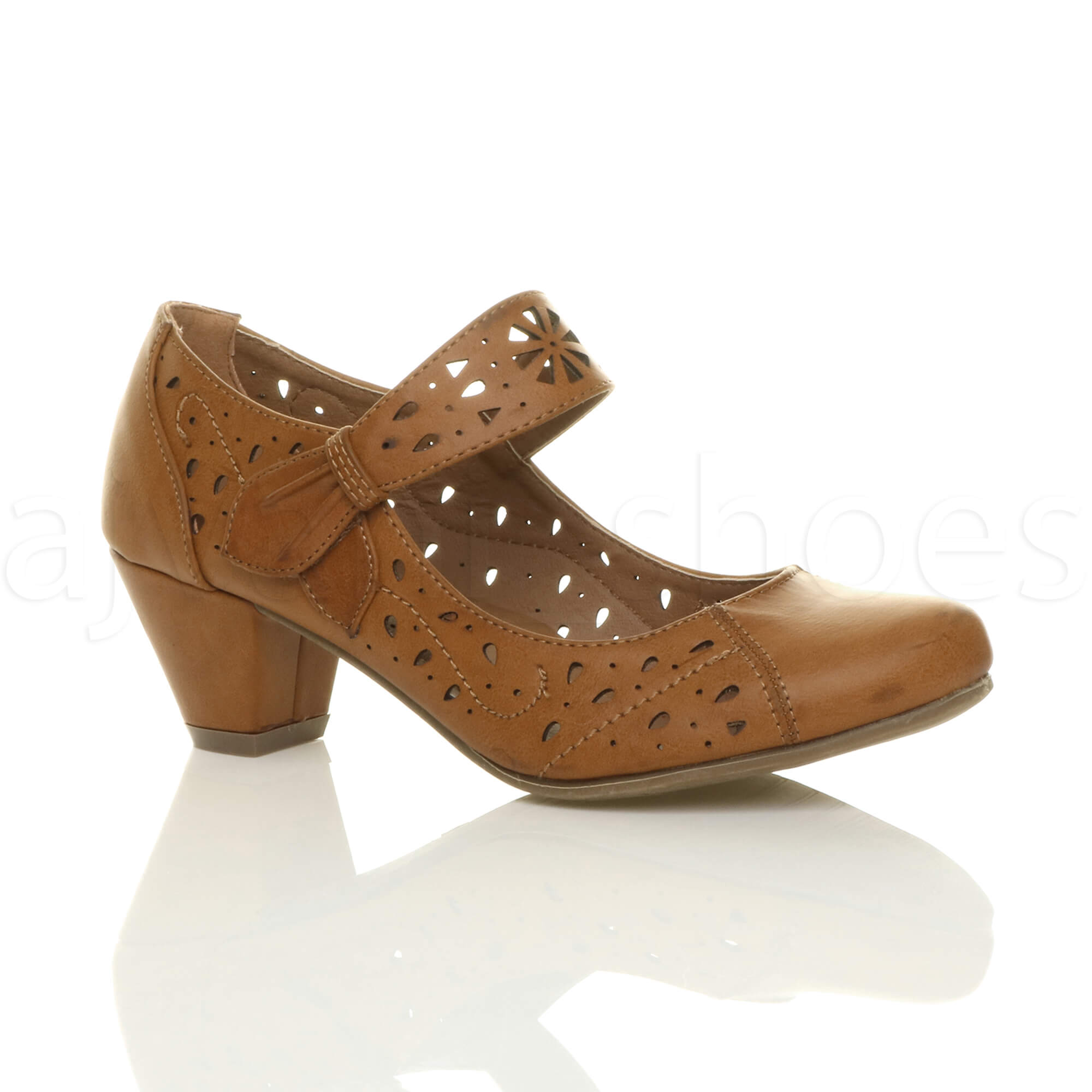 WOMENS LADIES MID BLOCK HEEL MARY JANE HOOK&LOOP CUT OUT BROGUE COURT
