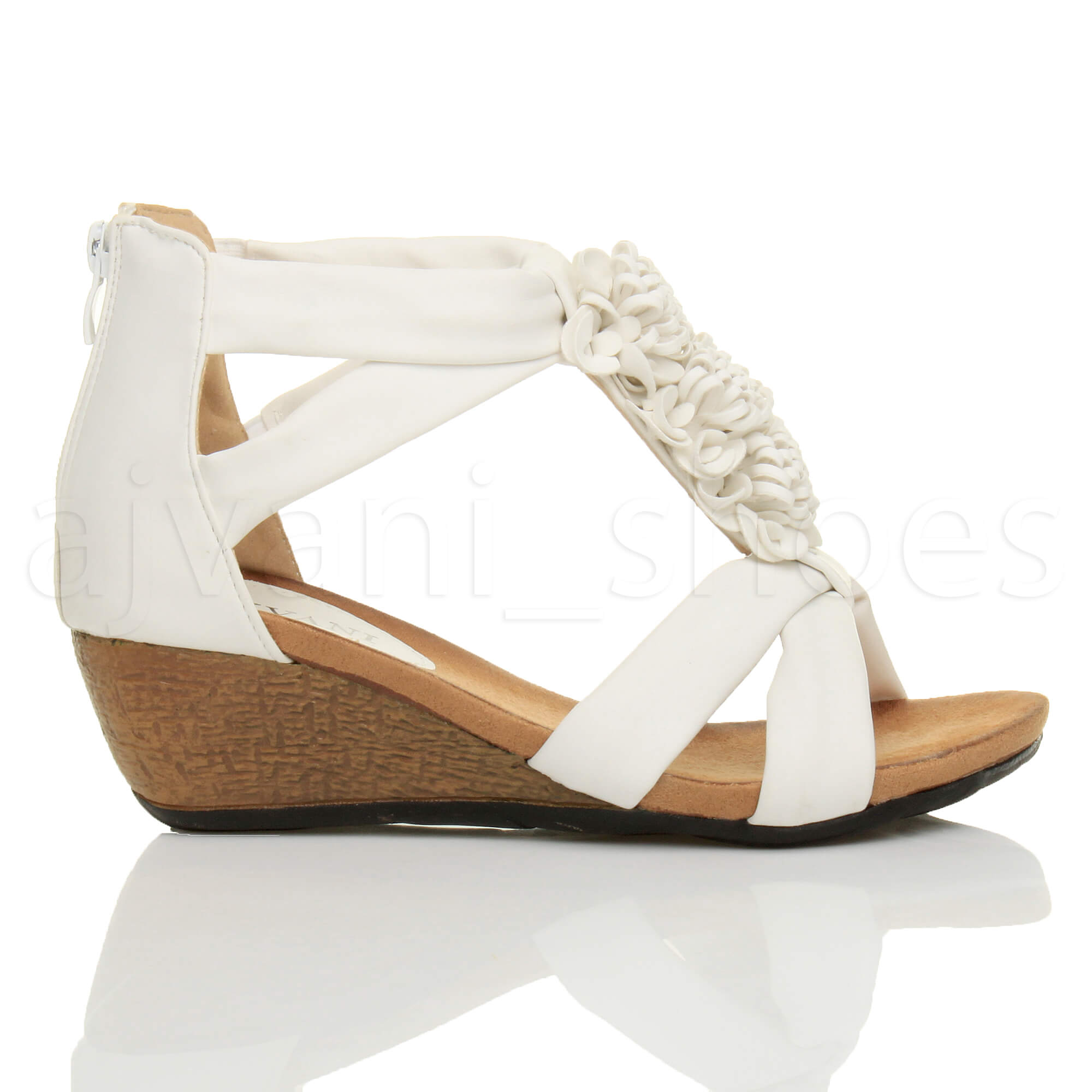 WOMENS LADIES LOW MID HEEL WEDGES PEEPTOE T-BAR FLOWER STRAPPY SANDALS SHOE SIZE