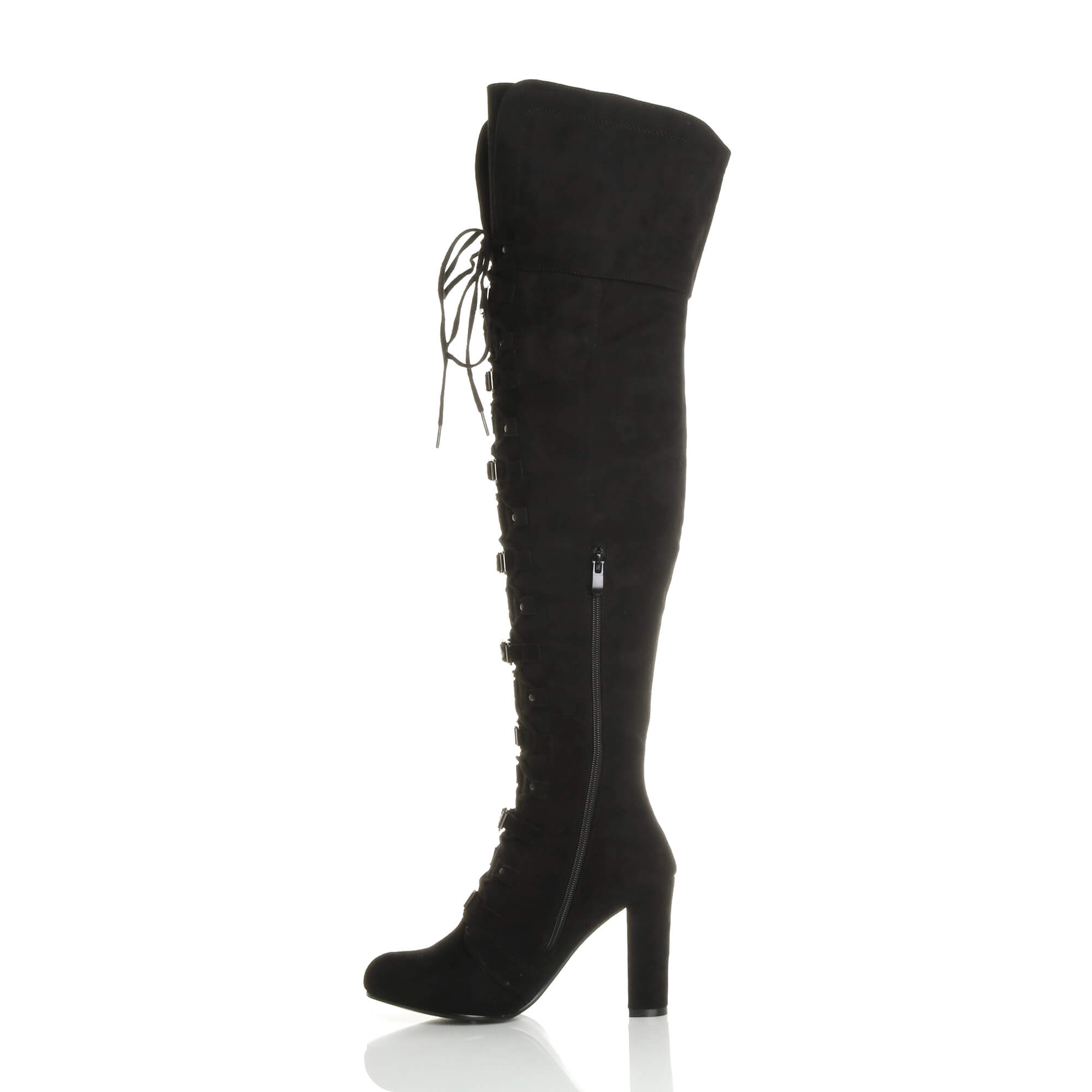 WOMENS LADIES HIGH BLOCK HEEL LACE UP BUCKLE PIRATE OVER KNEE THIGH BOOTS SIZE