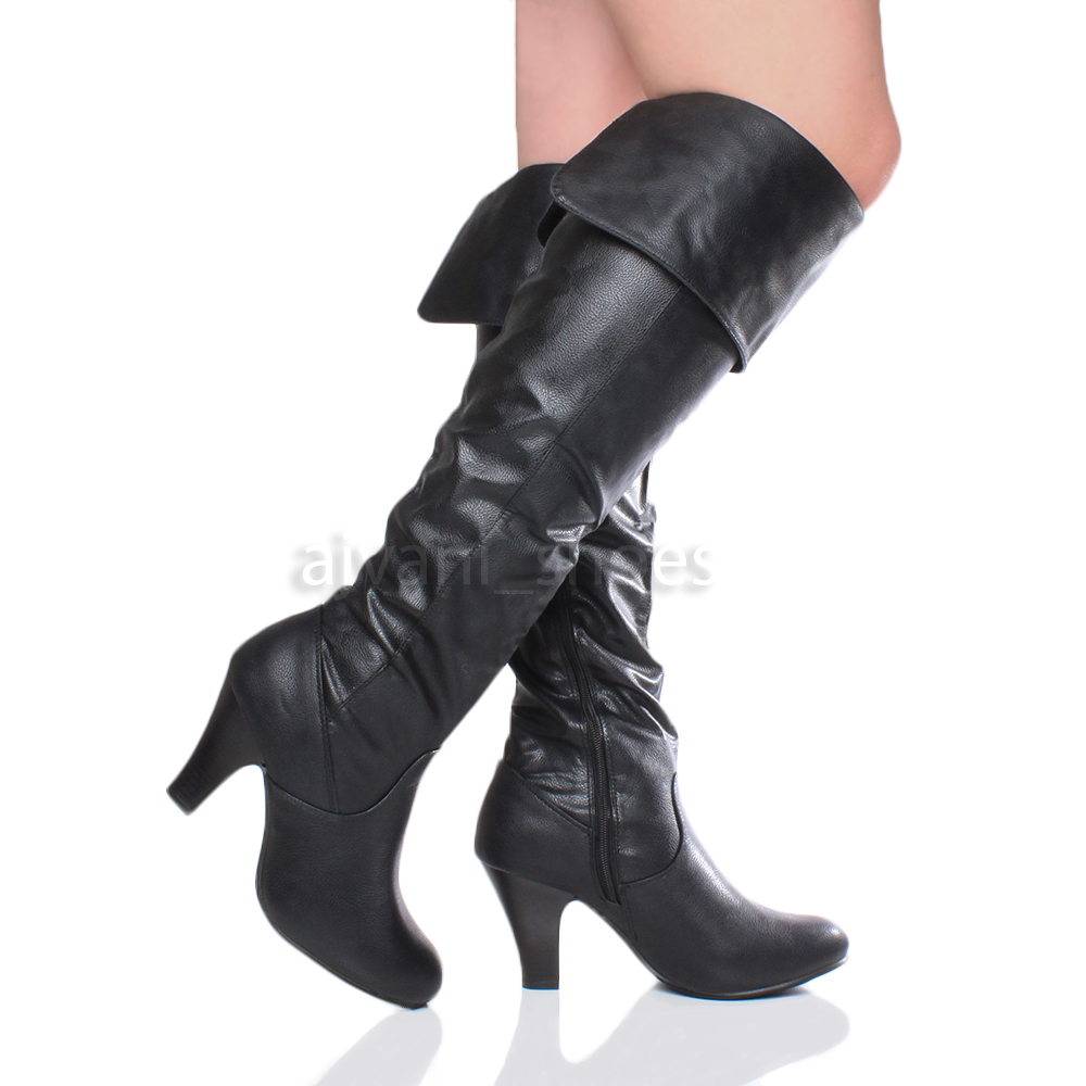 WOMENS LADIES MID HIGH BLOCK HEEL OVER KNEE FOLD OVER RIDING PIRATE BOOTS SIZE eBay