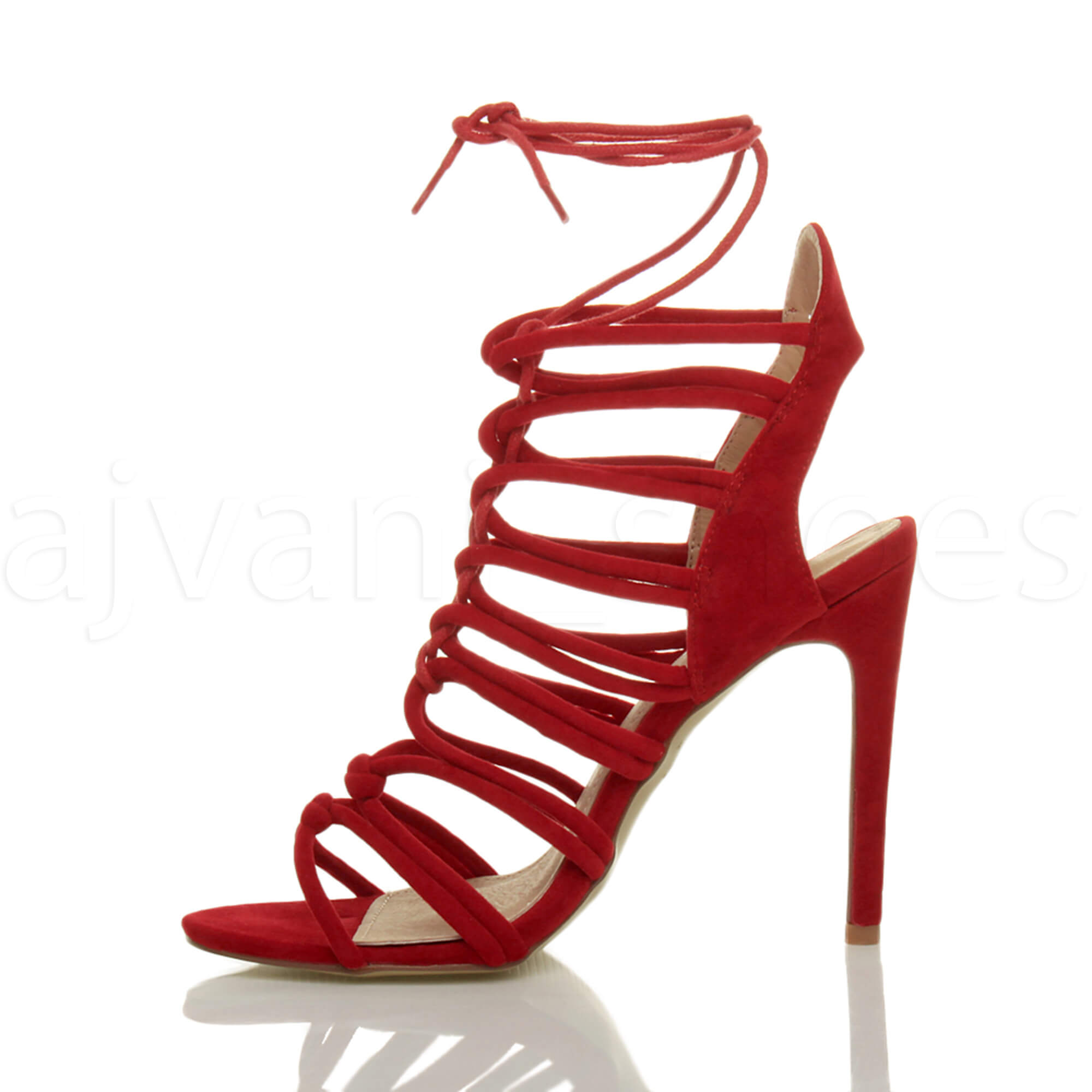 Damen Hoch Absatz Reimchen Ausgeschnitten Schnür-Pumps Sandalen Schuhe Größe