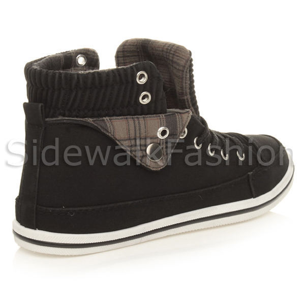 Womens ladies flat checked cuff lace up casual high top pumps trainers size