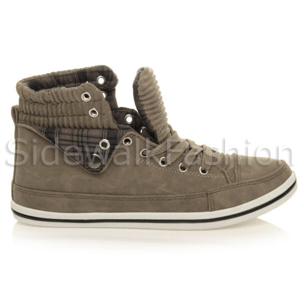 Womens ladies flat checked cuff lace up casual high top pumps trainers size