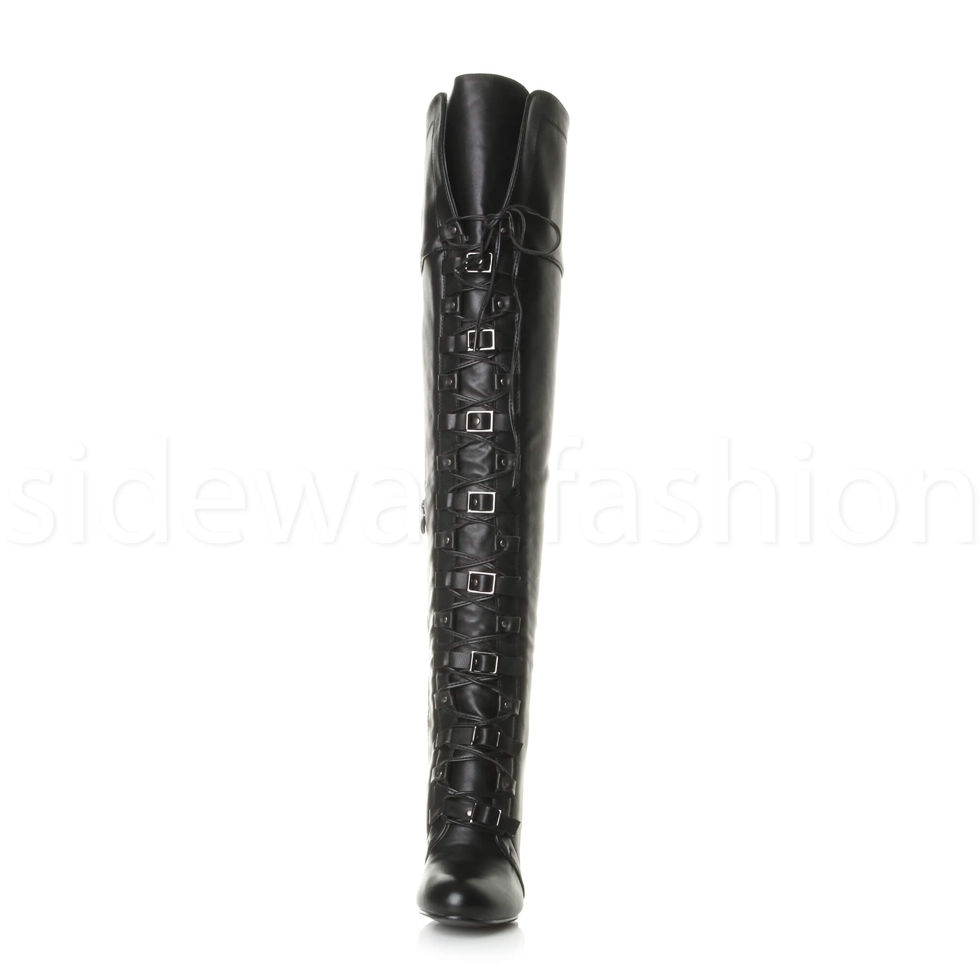 Womens ladies block heel lace up buckle over knee biker thigh high boots size