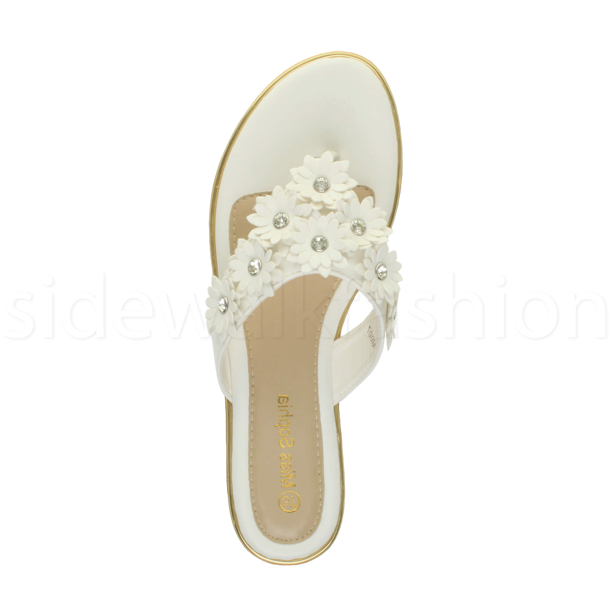 Womens ladies flat flower diamante embellished toe post flip flops