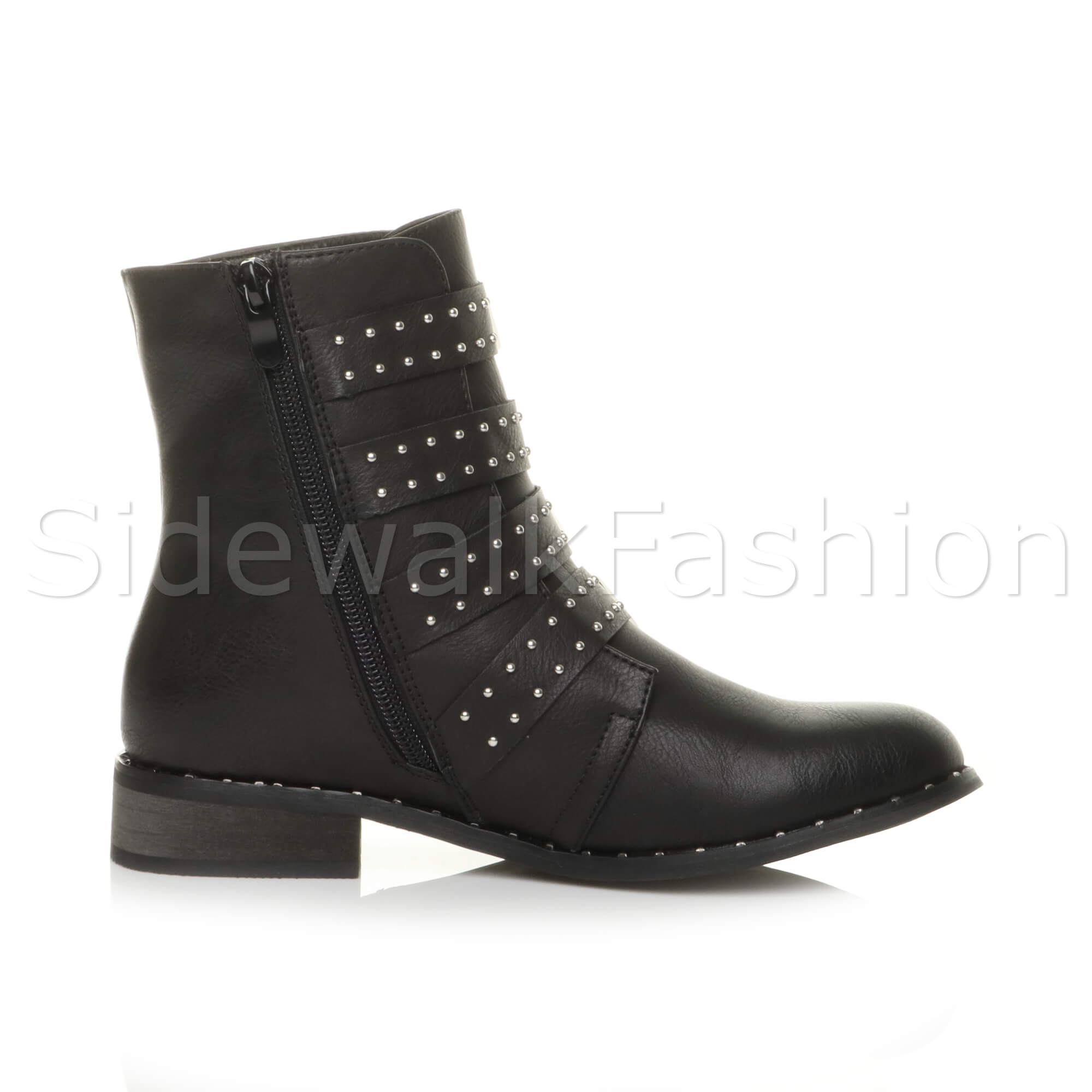 Womens ladies block low heel studded strap biker military combat ankle boots