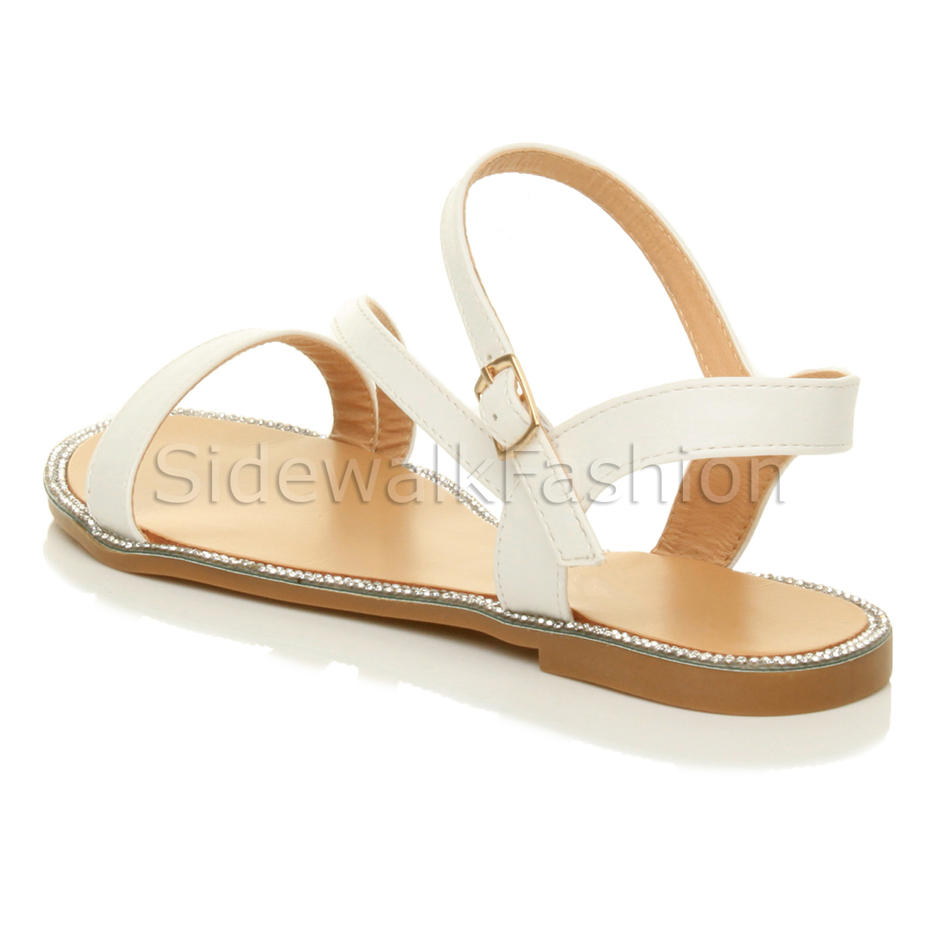 Womens ladies flat strappy diamante edge summer holiday evening sandals size