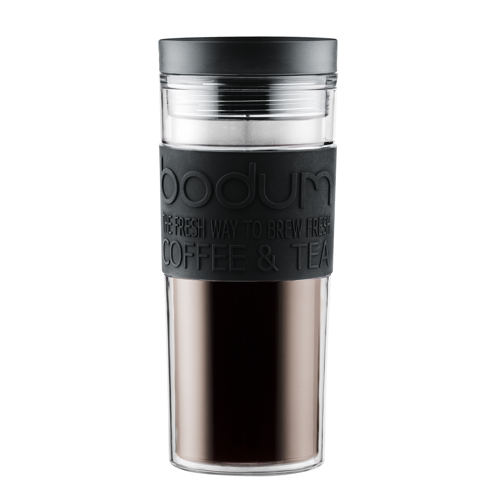 Bodum 0.45L Clear Double Wall Plastic Travel Mug Black Insulate Tea