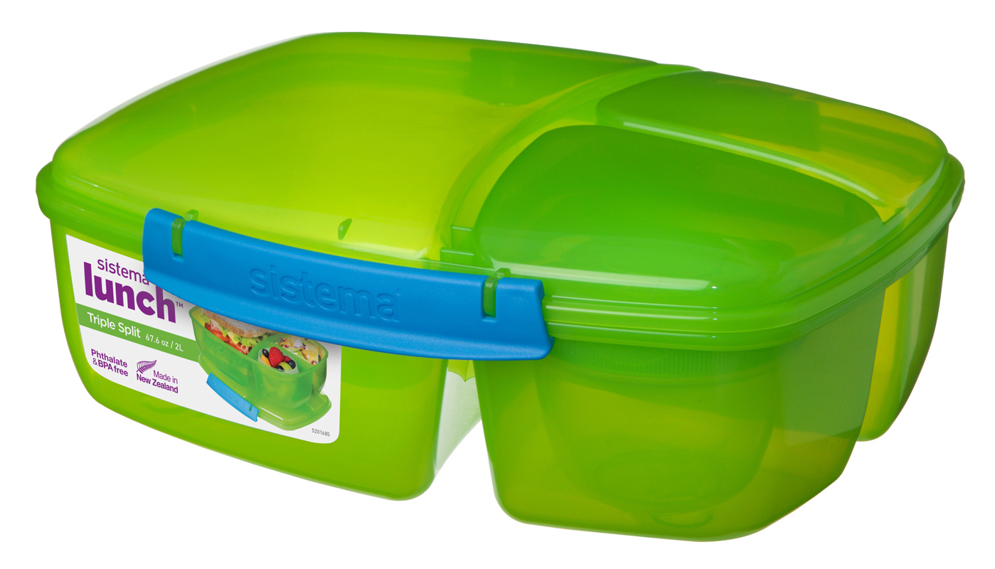 Sistema Green Triple Split 2L Multi Compartment Lunch Box Yoghurt Pot