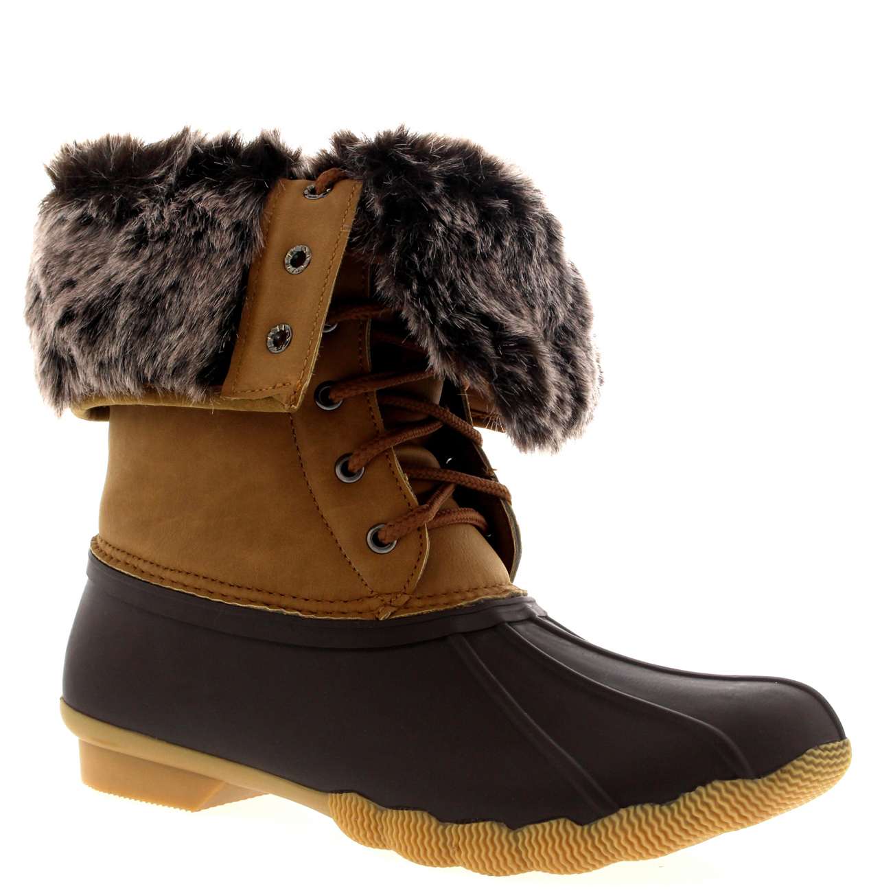Womens Rubber Sole Deep Tread Winter Fold Down Fur Cuff Snow Rain Boots