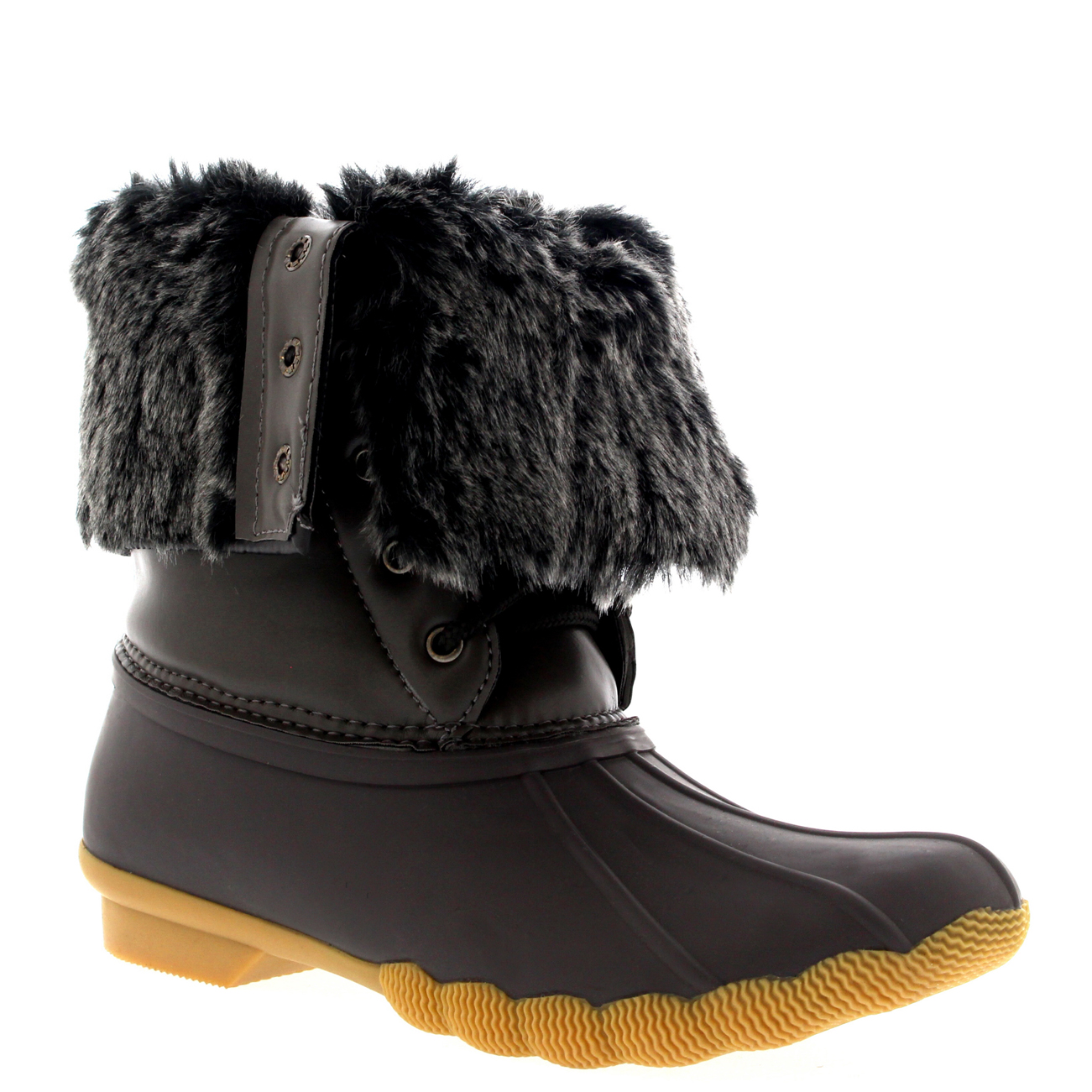 Womens Rubber Sole Deep Tread Winter Fold Down Fur Cuff Snow Rain Boots