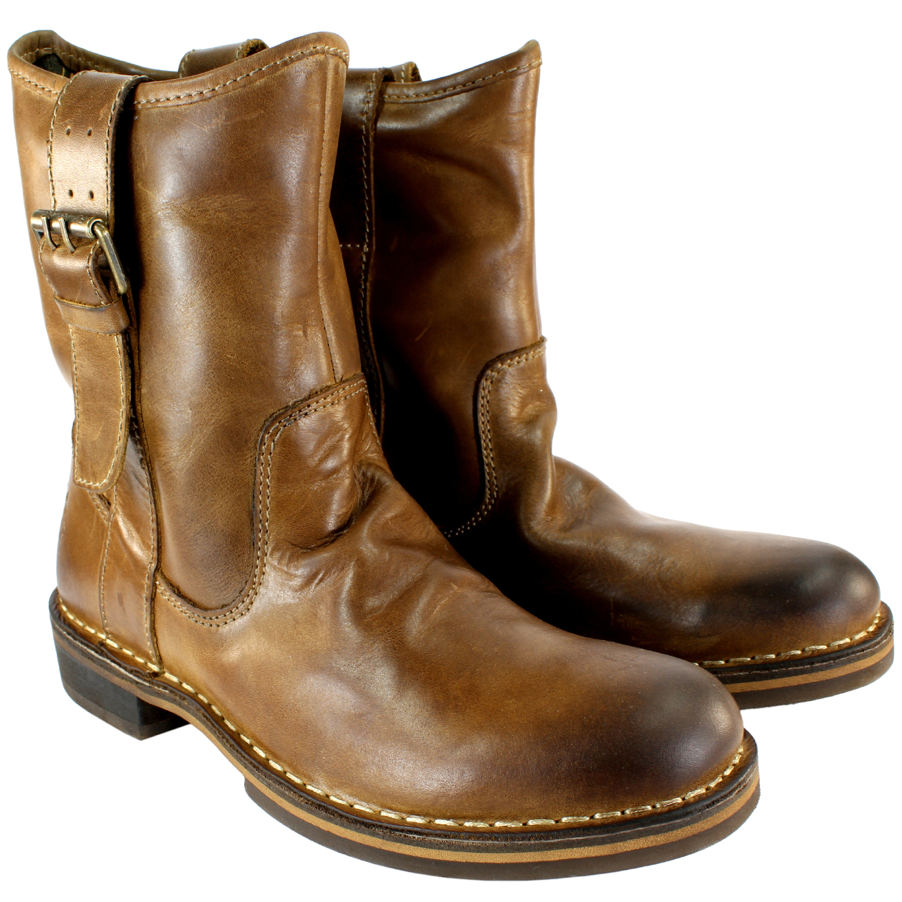 Womens Fly London Nota Leather Side Buckle Pull On Mid Calf Boots