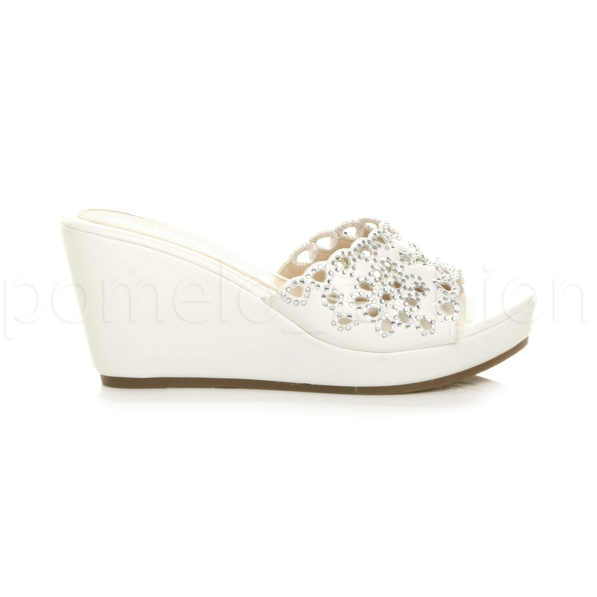 WOMENS LADIES PLATFORM HIGH WEDGE CUT OUT SLIP ON DIAMANTE MULES SANDALS SIZE
