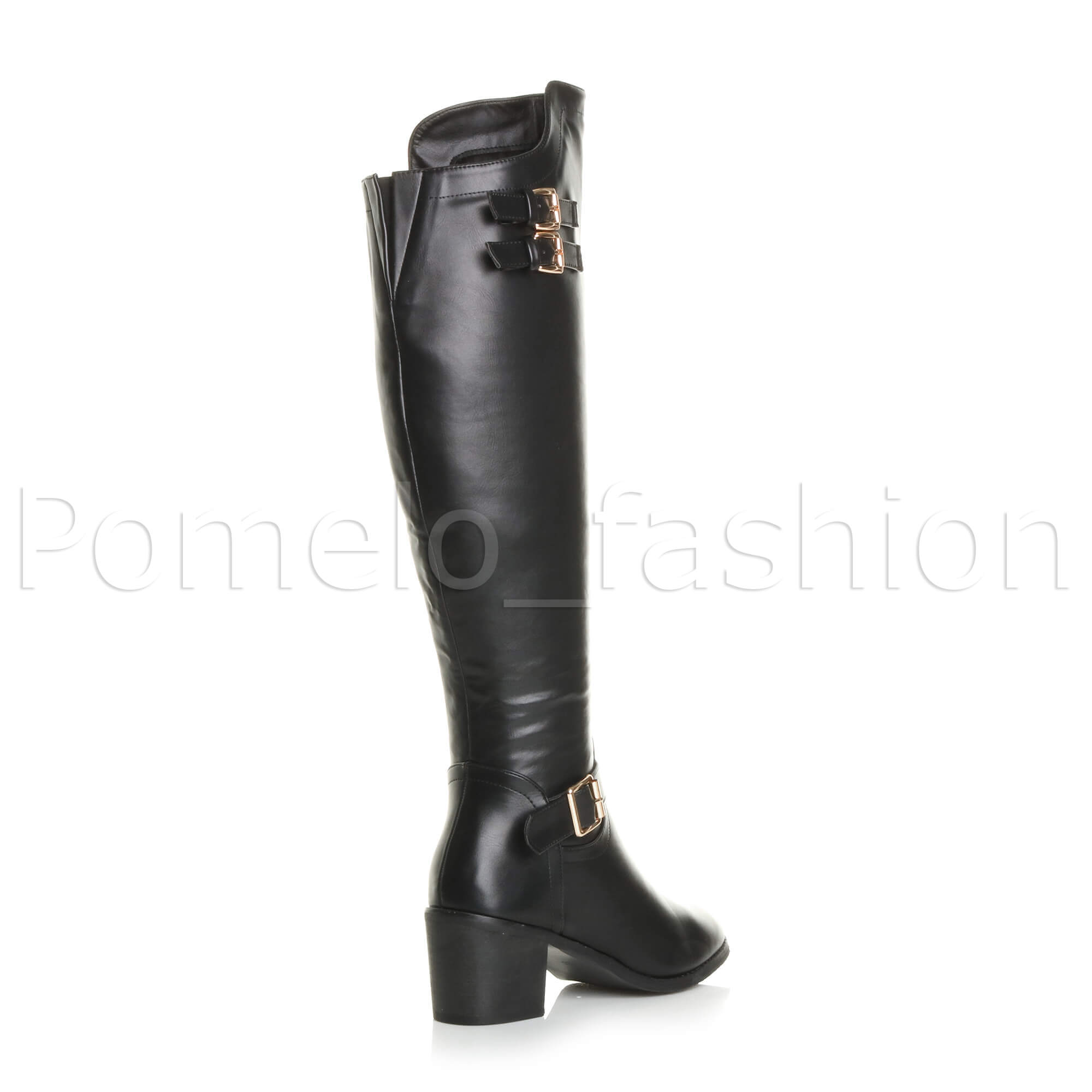 WOMENS LADIES LOW MID BLOCK HEEL ZIP BUCKLE PIRATE RIDING OVER KNEE BOOTS SIZE
