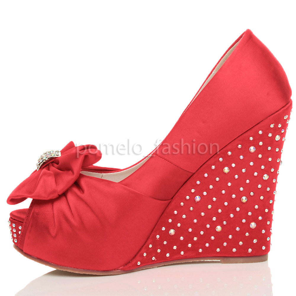 WOMENS LADIES WEDDING EVENING BRIDAL HIGH HEEL WEDGE PLATFORM PROM