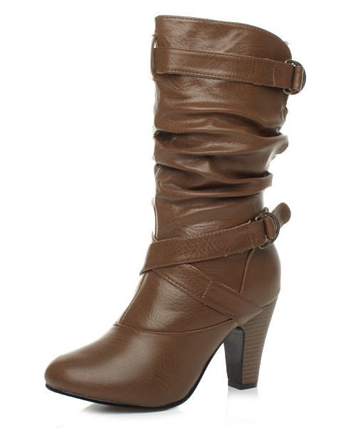 WOMENS LADIES BUCKLE MID HIGH HEEL ZIP RUCHED SLOUCH CALF BOOTS SIZE